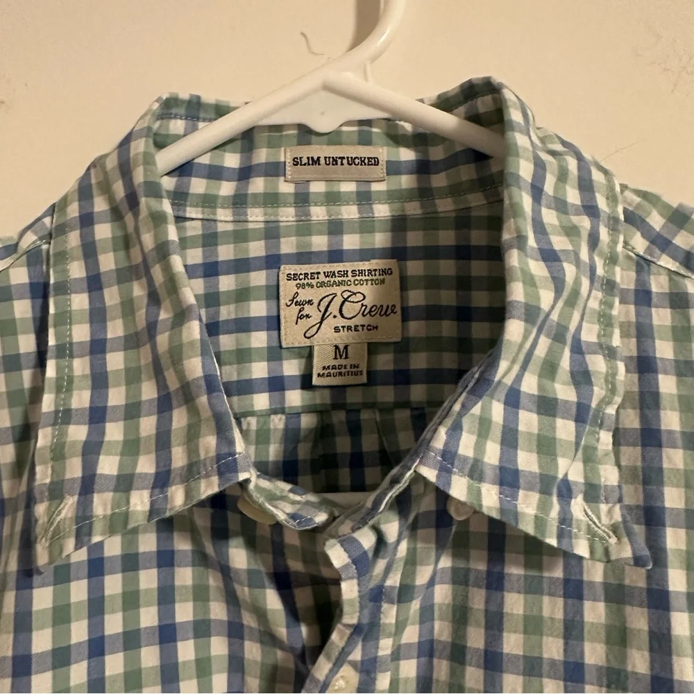 J. Crew Slim Untucked Shirt M Blue Green Check Organic Cotton Stretch